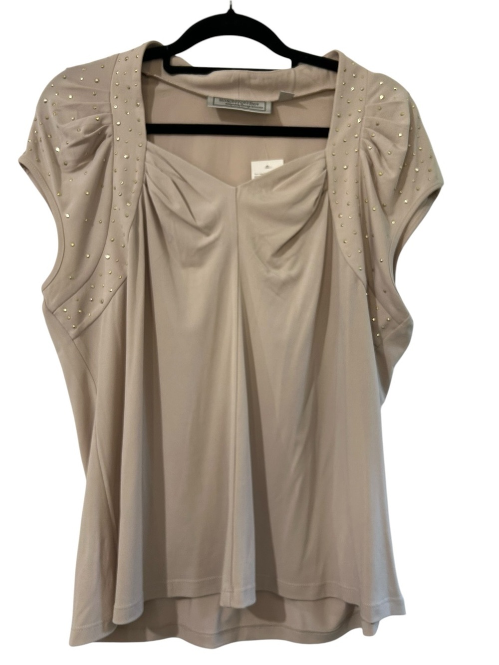 George Simonton Says Blouse Tan Beige Ruched Rhinestone Embellished Cap Sleeve L